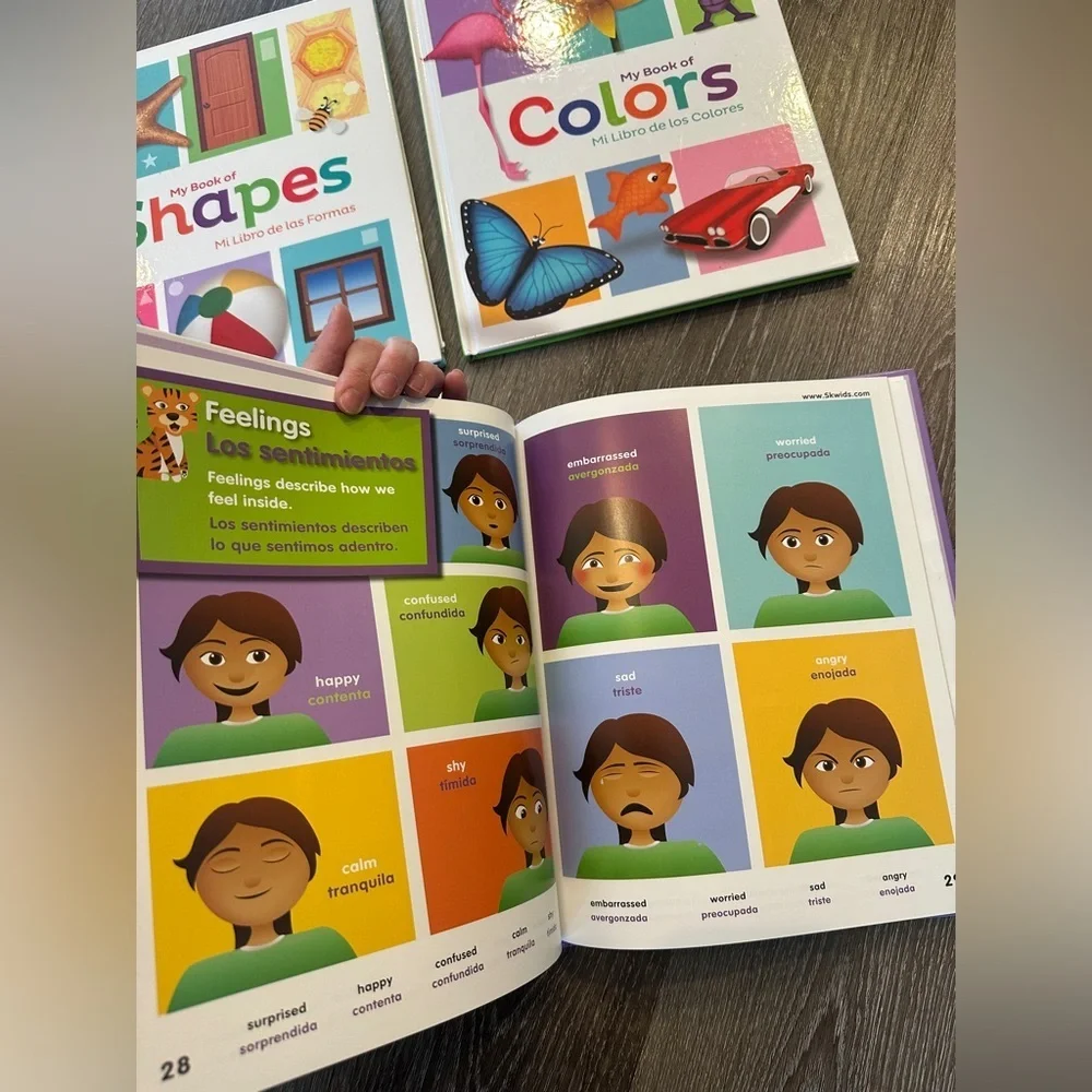 Children bilingual Spanish English learning books shapes, colors, words, numbers